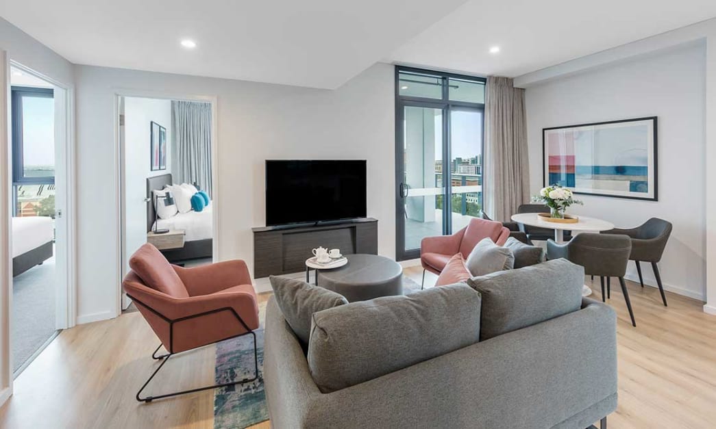 Open plan living room at Avani Adelaide Residences